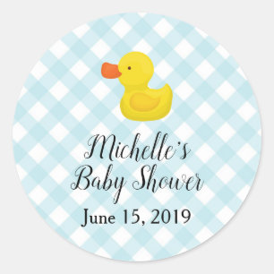 Blaue Gingham-Gummiente Babyparty Runder Aufkleber