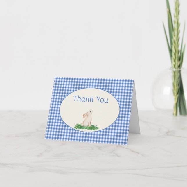 Blaue Gingham-Hasen-Dankeskarte Dankeskarte (Vorderseite)