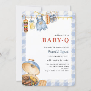 Blaue Gingham-Hinterhof-Baby-Q-Baby-Party Einladung
