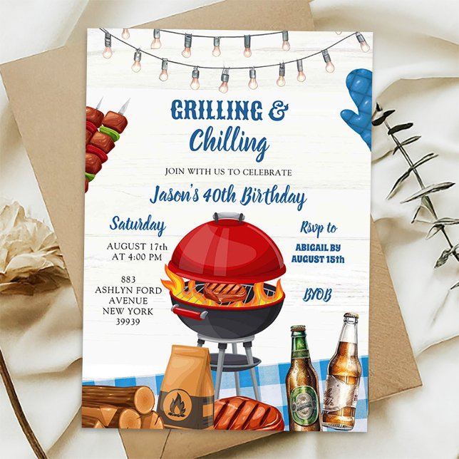 Blaue Gingham-Hinterhof-Grillgeburtstag Einladung (Von Creator hochgeladen)