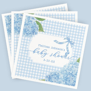 Blaue Gingham-Hortensien-Baby- Boy-Shower Serviette