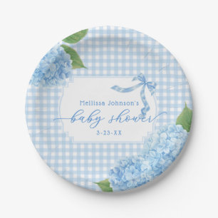 Blaue Gingham Hortensien Jungen Baby Shower Pappteller