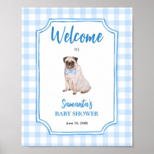 Blaue Gingham-Hund-Jungen-Baby-Shower-Willkommen Poster