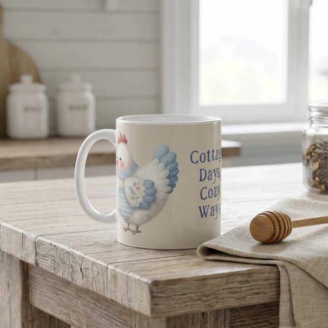 Blaue Gingham-Hütte Henne Cozy Ways Kaffeetasse (Blue Gingham Cottage Hen Cozy Ways Coffee Mug)