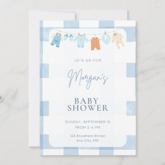 Blaue Gingham-Jungen-Baby-Party-Einladung Einladung
