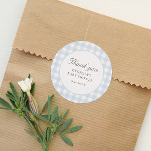 Blaue Gingham Jungen-Baby-Party Runder Aufkleber