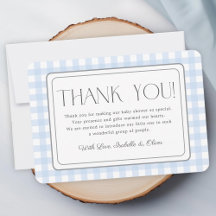 Blaue Gingham-Jungen-Baby-Shower-Dankeskarten