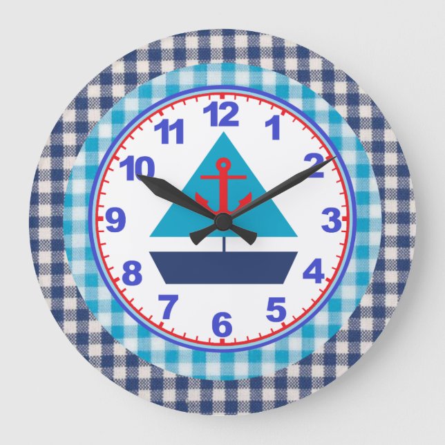 Blaue Gingham-Jungen-Segelboot-Uhr mit Zahlen Große Wanduhr (Vorderseite)