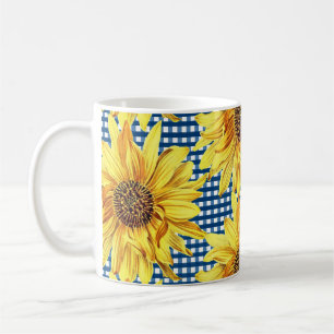 Blaue Gingham-Karierung mit Sonnenblumen Kaffeetasse