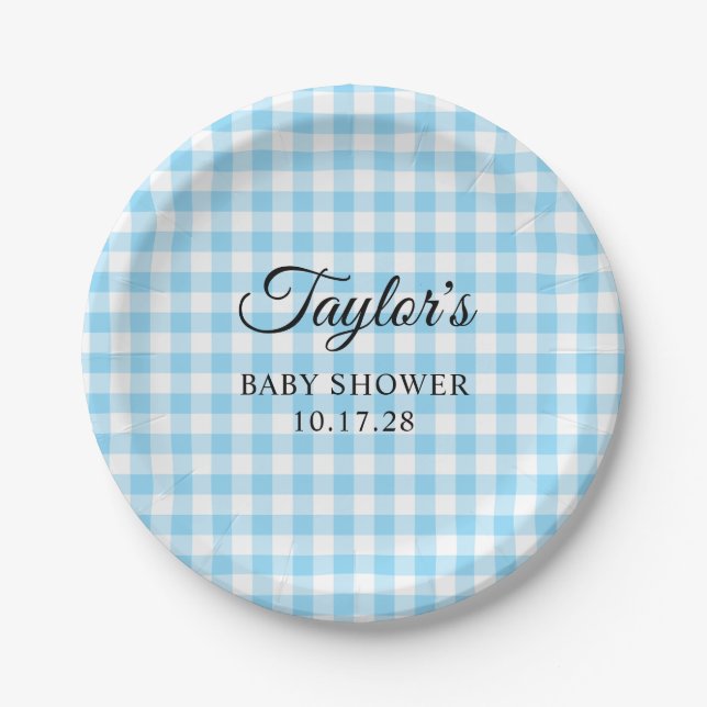 Blaue Gingham-Karo-Babyparty Pappteller (Vorderseite)
