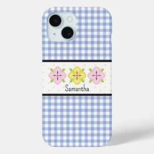 Blaue Gingham-Karo-Blumen-Monogramm Case-Mate iPhone Hülle