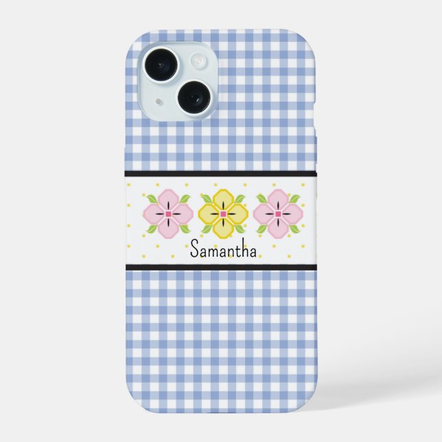 Blaue Gingham-Karo-Blumen-Monogramm iPhone 15 Hülle (Rückseite)