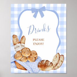 Blaue Gingham-Karo-Brötchen-Getränke-Party-Schild Poster