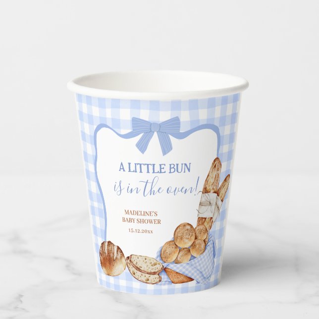 Blaue Gingham Karo Brötchen im Ofen Papiertassen Pappbecher (Vorderseite)