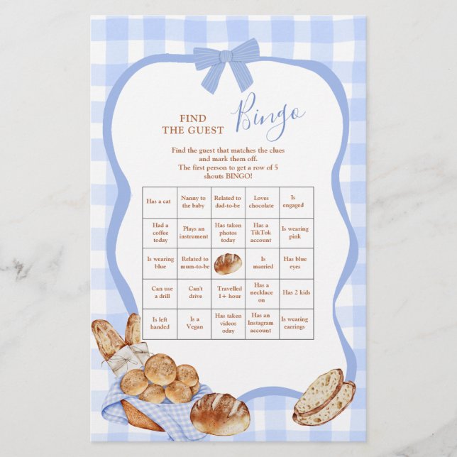 Blaue Gingham Karo Bund Find The Guest Bingo (Vorderseite)