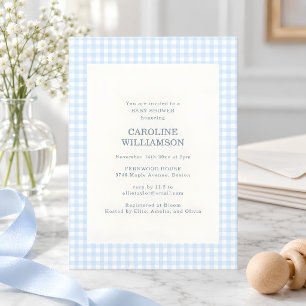 Blaue Gingham-Karo-Plaid-Babyparty Einladung