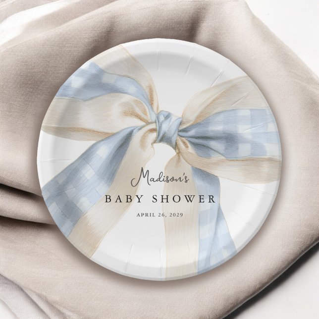 Blaue Gingham-Karo-Schleife Baby Shower Pappteller (Von Creator hochgeladen)