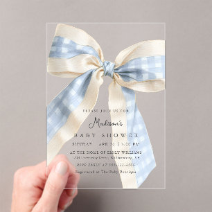 Blaue Gingham-Karo-Schleife Süße Babyparty Acryleinladungen