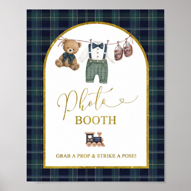 Blaue Gingham-Karobund PhotoBooth-Party-Schild Poster (Vorne)