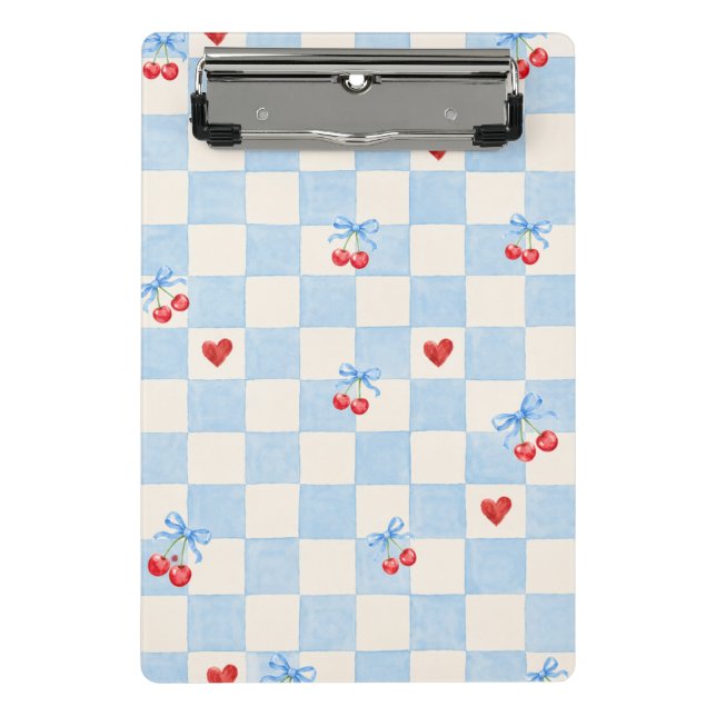 Blaue Gingham-Kirschmuster mit rosa Herzen – Gesch Mini Klemmbrett (Vorderseite)