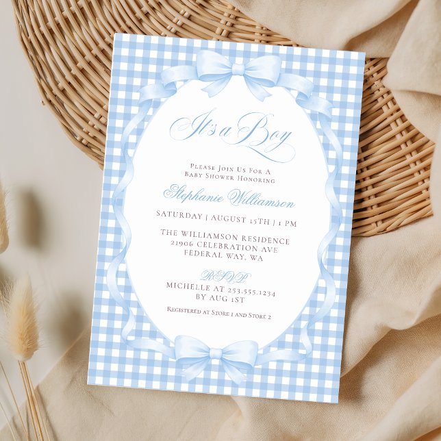 Blaue Gingham-Kokette-Bogen-Baby-Party Einladung (Blue Gingham Coquette Bow Boy Baby Shower Invitation)