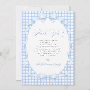 Blaue Gingham-Kokette-Bogen-Baby-Party für einen J Dankeskarte