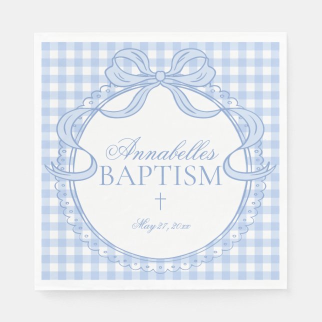 Blaue Gingham Kokette Bogen Tauf Tischdekoration Serviette (Vorderseite)