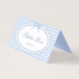 Blaue Gingham-Koketten-Schleifen-Platzkarten-Tisch