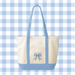 Blaue Gingham-Kontroll-Schleifen-Monogramm-Kontras Tragetasche