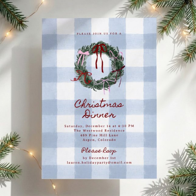 Blaue Gingham-Kranz-Weihnachtsdinnerparty  Einladung (Von Creator hochgeladen)