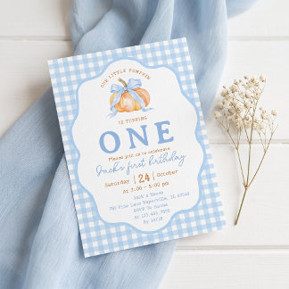 Blaue Gingham-Kürbis-Einladung zum ersten Geburtst Einladung