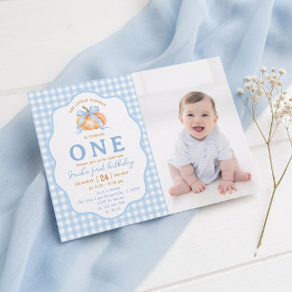 Blaue Gingham-Kürbis-Einladung zum ersten Geburtst Einladung