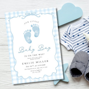 Blaue Gingham-Minimalist-Baby- Jungen-Shower-Fußab Einladung