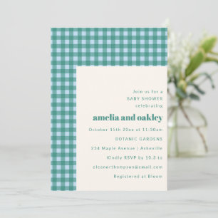Blaue Gingham-Moderne-Paare-Baby-Party Einladung