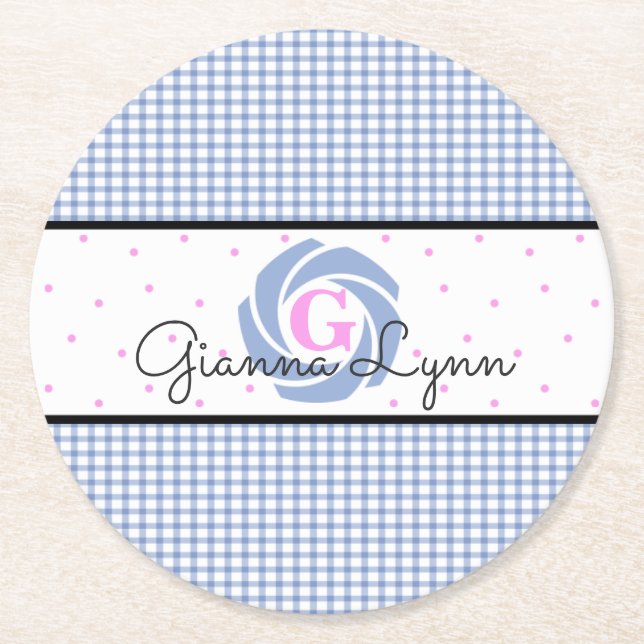Blaue Gingham-Monogramm Runder Pappuntersetzer (Vorderseite)
