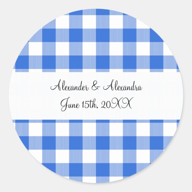 Blaue Gingham-Muster-Gastgeschenke Hochzeiten Runder Aufkleber (Vorderseite)