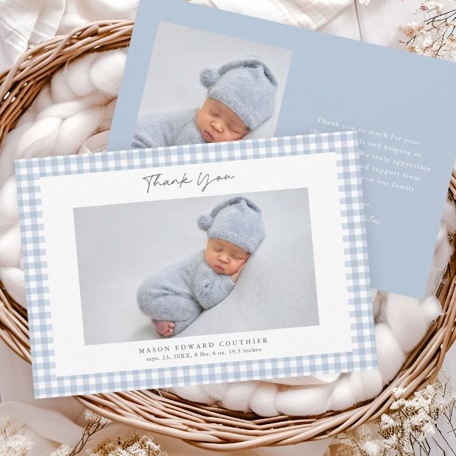 Blaue Gingham Muster Jungen Foto Danke Karte (Blue Gingham Check Baby Boys Photo Thank You Note Cards.)
