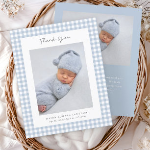 Blaue Gingham-Muster-Jungen-Foto-Dankeschön-Karte