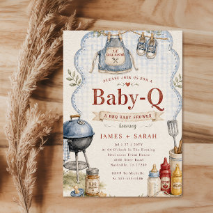 Blaue Gingham-Paare Baby Q Baby Shower-Einladung Einladung