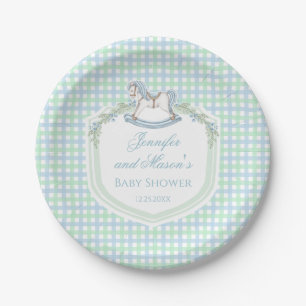 Blaue Gingham-Rosspferd-Babydusche Pappteller