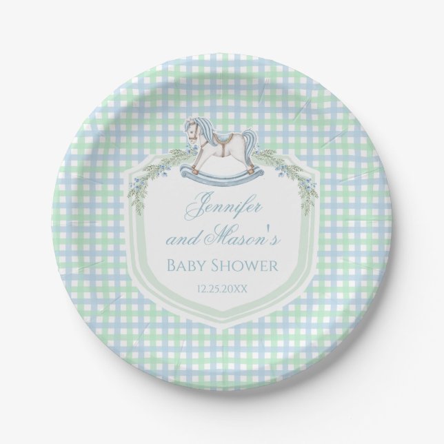Blaue Gingham-Rosspferd-Babydusche Pappteller (Vorderseite)