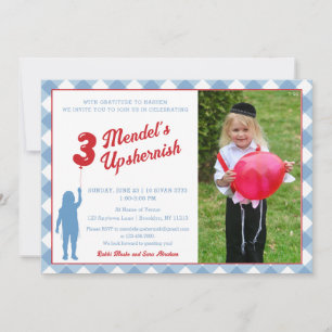 Blaue Gingham-Rot-Ballon-Upsherin-Foto-Einladung Einladung