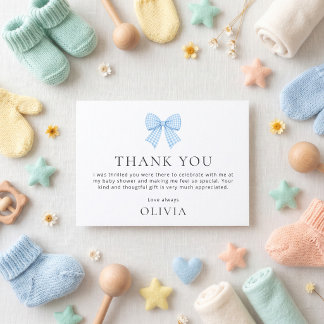 Blaue Gingham-Schleife Baby Shower Dankeschön Karte
