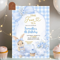 Blaue Gingham-Schleifen-Häschen-Teeparty zum viert