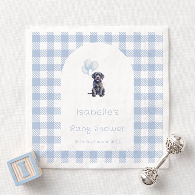 Blaue Gingham-Schwarze-Labrador-Welpen-Baby-Party  Serviette (Von Creator hochgeladen)