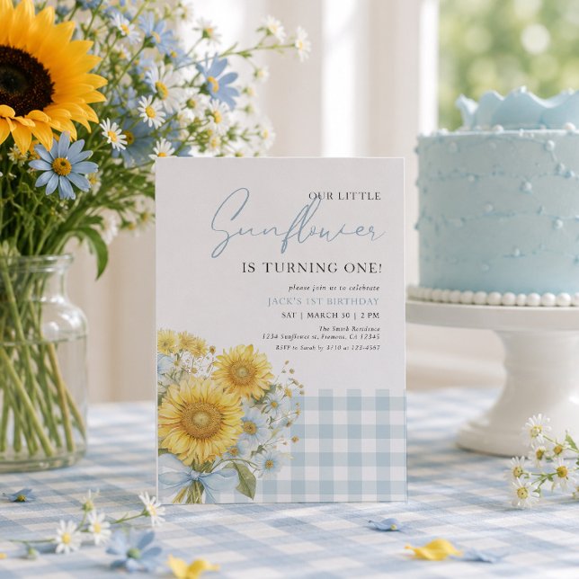 Blaue Gingham-Sonnenblume 1. Geburtstag Einladung (Von Creator hochgeladen)