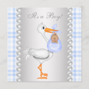 Blaue Gingham-Storch-Baby-Jungen-Party Einladung