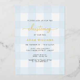 Blaue Gingham-Tauf-Goldfolien-Einladung Folieneinladung