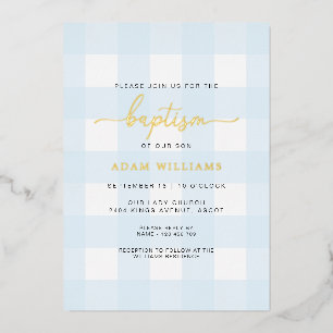 Blaue Gingham-Taufeinladung mit Goldfolie Folieneinladung