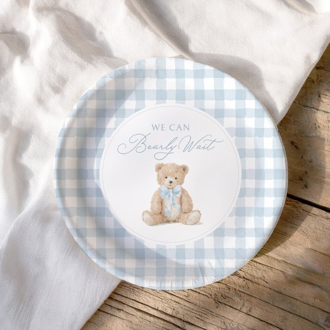 Blaue Gingham-Teddy-Bär-Baby-Party Pappteller (Von Creator hochgeladen)